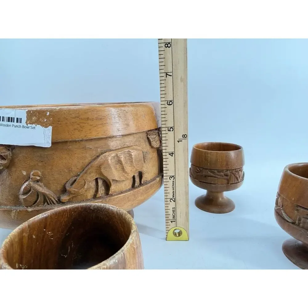 Vintage Hand Carved Wood Punch Bowl Set 6 Goblets Tiki Village 3 lb
